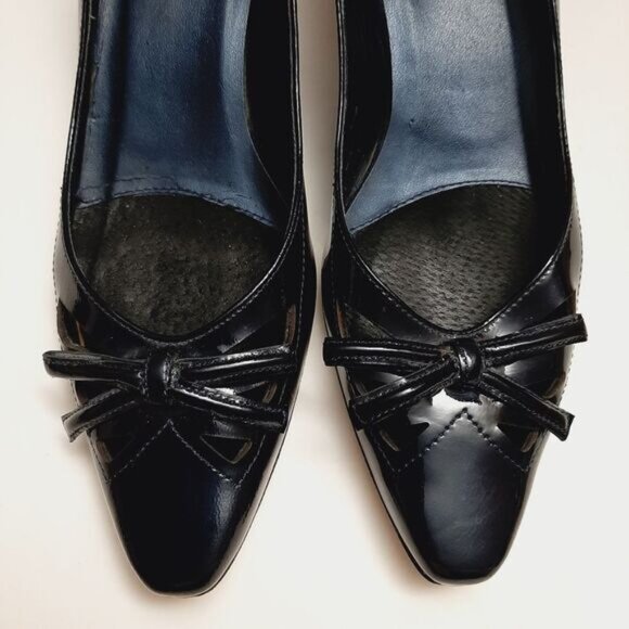 VANELI Bow & Cut-Out Low Heel Navy Blue Patent Genuine Leather Classy Pumps Sz 9 - Picture 6 of 16
